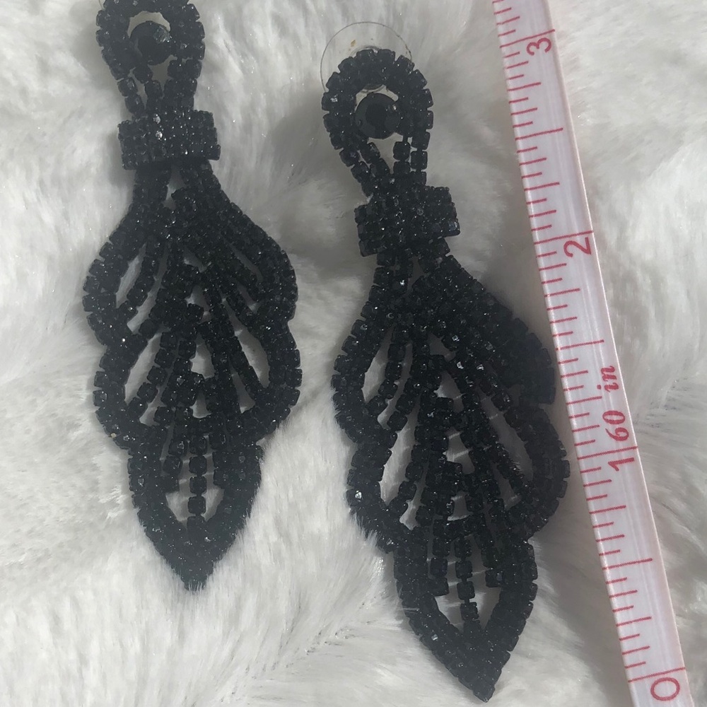Black jeweled 3 inch drop earrings classic style - Picture 3 of 8